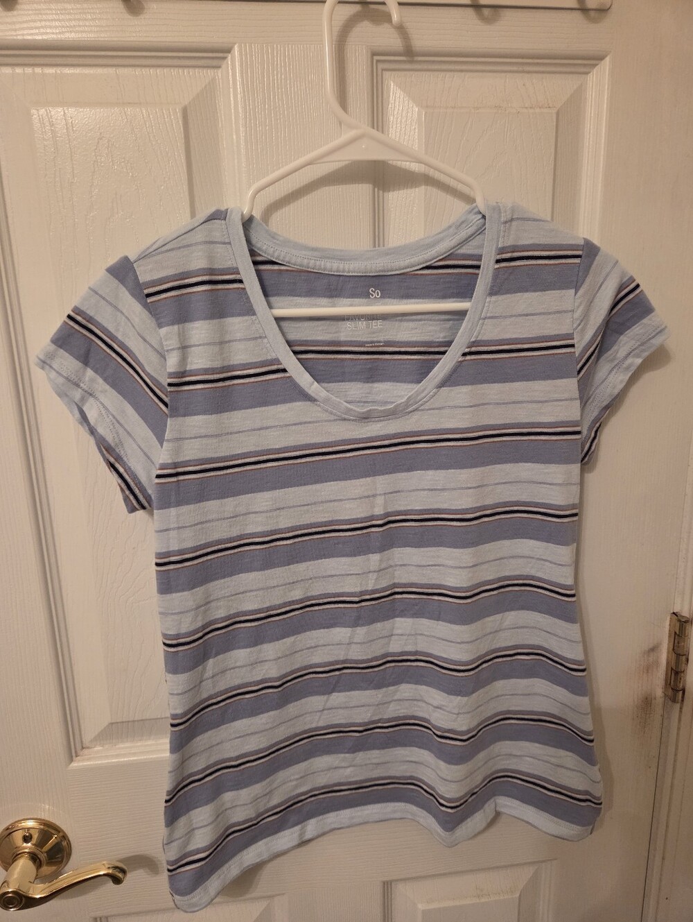 SO Light Blue Striped V-Neck Tee with Navy and White Stripes